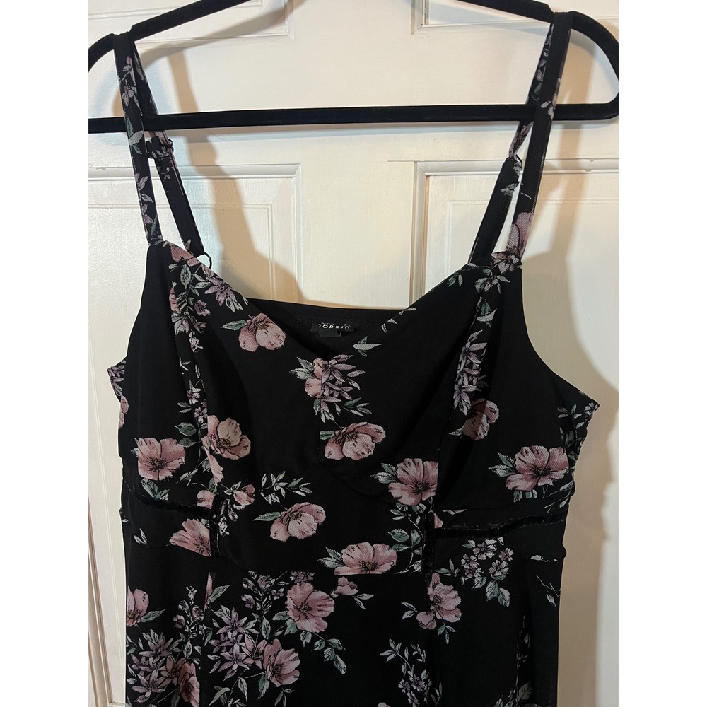 Torrid Midi Dress Size 2 Floral Mesh Cami Black Pink Surplice Neck - Picture 2 of 6